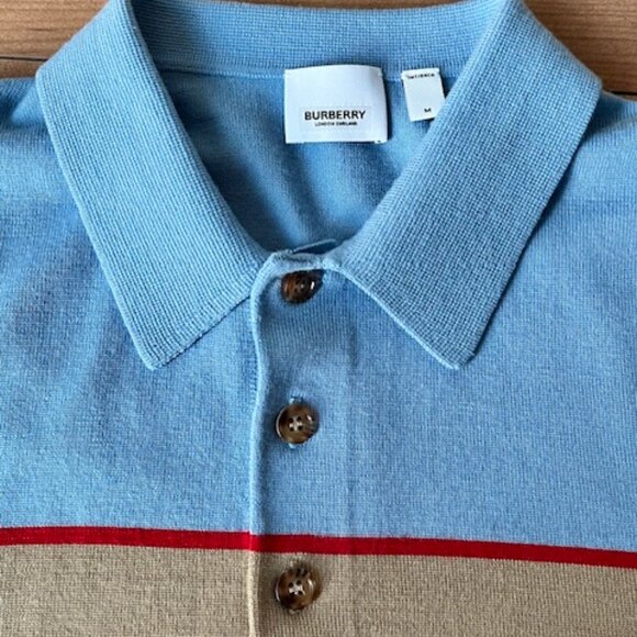 Burberry - Striped Merino Wool Polo Shirt - Blue - Picture 3 of 6